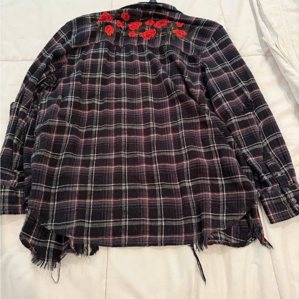 American Eagle Outfitters Black Plaid Button Down Shirt with Floral Embroidery